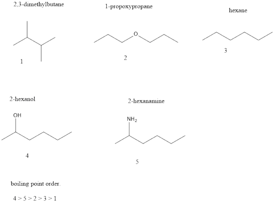 2,3-dimethylbutane I-propoxypropane hexane 2-hexanol 2-hexanamine он NH2 boiling point order. 4>5>2>3>1