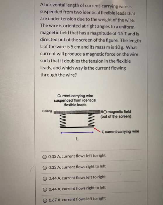 A horizontal length of current-carrying wire is suspended from two identical flexible leads that are under tension due to the