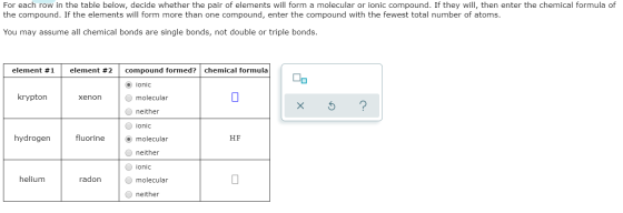 For each row in the table below, decide whether the pair of elements will form a molecular or ionic compound. If they will, t