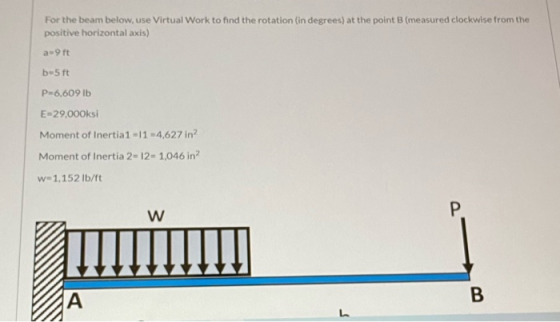 For the beam below, use Virtual Work to find the rotation (in degrees) at the point B (measured clockwise from the positive h