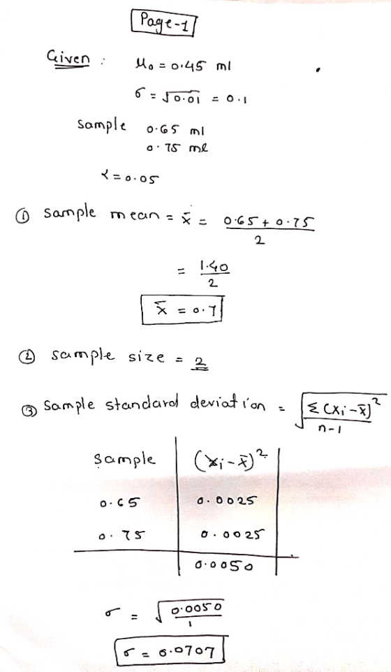 Page -1] Given : Mo=0:45 ml 6- joi = 0.1 Sample 0.65 ml 0.75 me <=0.05 o sample mean=F= 0.65 +0.75 = leo TE=0.5 © sample size