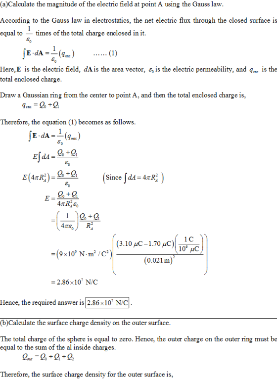 (a)Calculate the magnitude of the electric field at point A using the Gauss law According to the Gauss law in electrostatics,