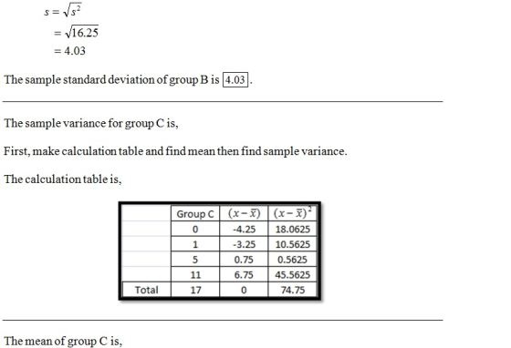 V16.25 4.03 The sample standard deviation of group B is 4.03 The sample variance for groupCis, First, make calculation table and find mean then find sample variance. The calculation table is, Group C1 (x-x) | (x-x) -4.2518.0625 3.25 10.5625 0.75 0.5625 6.7545.5625 74.75 Total 17 0 The mean of group C is,