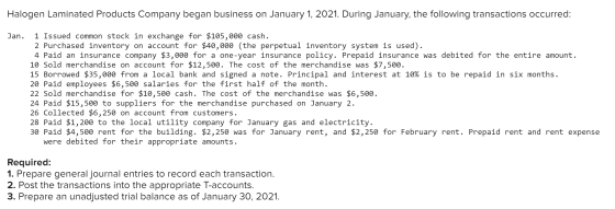 Halogen Laminated Products Company began business on January 1, 2021. During January, the following transactions occurred: Ja