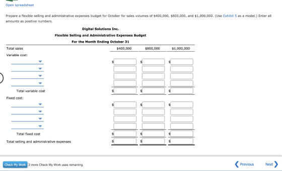 Open spreadsheet Prepare a flexible selling and administrative expenses budget for October for sales volumes of $400,000, $80