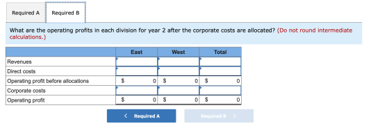 Required A Required B What are the operating profits in each division for year 2 after the corporate costs are allocated? (Do