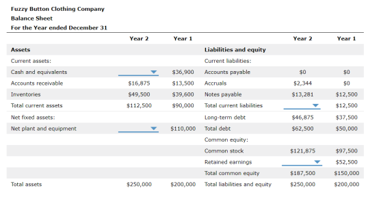 Fuzzy Button Clothing Company Balance Sheet For the Year ended December 31 Year 2 Year 1 Year 2 Year 1 Assets Current assets: