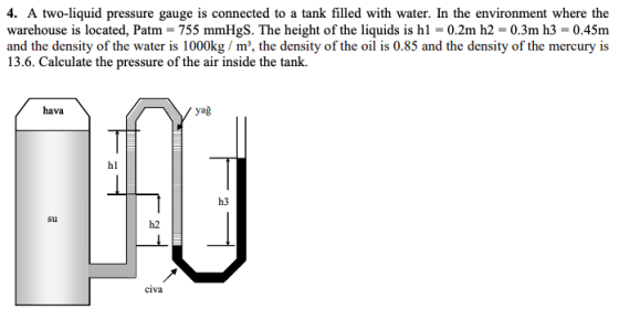 4. A two-liquid pressure gauge is connected to a tank filled with water. In the environment where the warehouse is located, P
