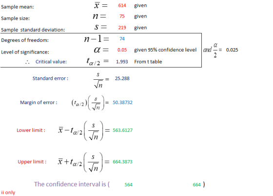 Sample mean: Sample size: given given given Sample standard deviation: x = n= S= n-1= a= a/2 = 614 75 219 74 0.05 1.993 Degre