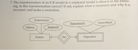 7. The transformation of an E-R model to a relational model is shown in the follow- ing. Is this transformation correct? If n