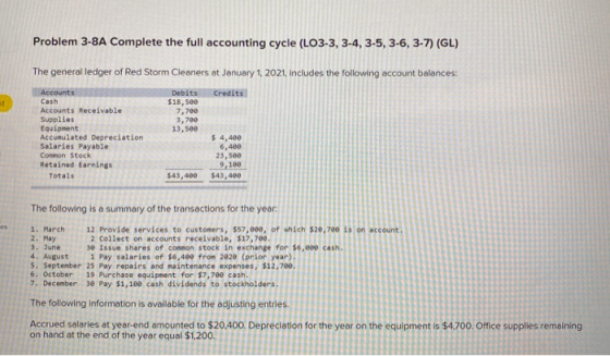 Problem 3-8A Complete the full accounting cycle (LO3-3, 3-4, 3-5, 3-6, 3-7) (GL) The general ledger of Red Storm Cleaners at