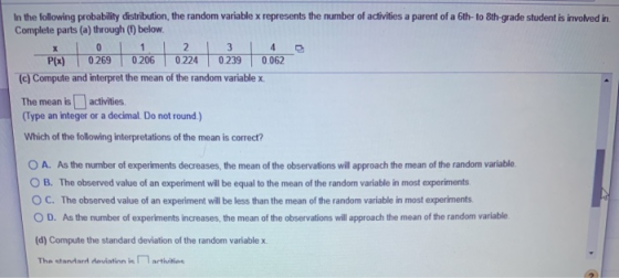 In the following probability distribution, the random variable x represents the number of activities a parent of a 6th-to 8th