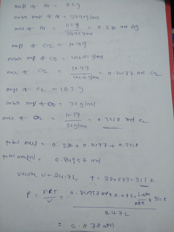 mall a Ar - 11.29 moler mass of Ar - 39.989 1mor male of Ar = 129 – 0.280 ml Ag. 39.958) mel mass of car – (0.99 molar mag of