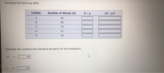Complete the following table. Toddler Number of Words (X) X-P (x - 2)2 Calculate the variance and standard deviation for this