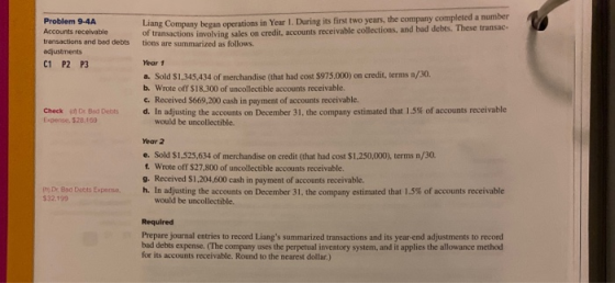Problem 9.4A Accounts receivable transactions and bad debts adjustments C1 P2 P3 Liang Company began operations in Year I. Du