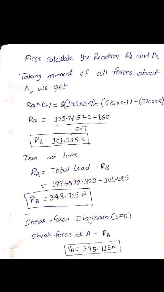 First Calculate the Reaction Rn and le Taking moment of all forces about A, we get REX0-7 = 0[193X0-9]+(572X0:1) – (320x0.5)