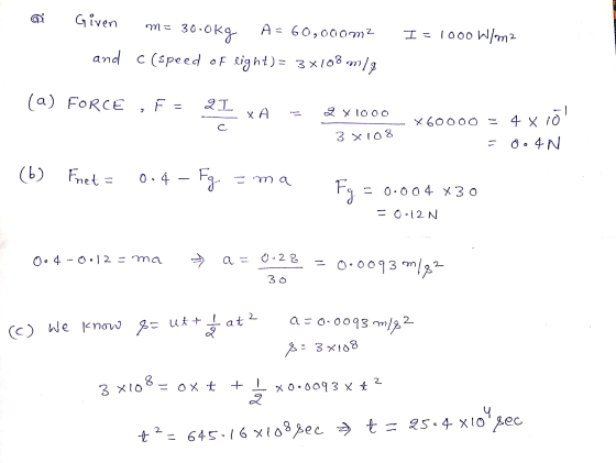 ai ven ma Given me 30.0kg A= 60,000m2 and c(speed of light) = 3x108 m/s I = 1000 W/m2 (a) FORCE , F= 2 - X A = 2 x 1000 - X60