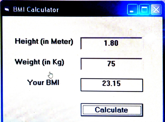 BMI Calculator Height (in Meter) 1.80 Weight (in kg) 75 ☺ Your BMI 23.15 Calculate