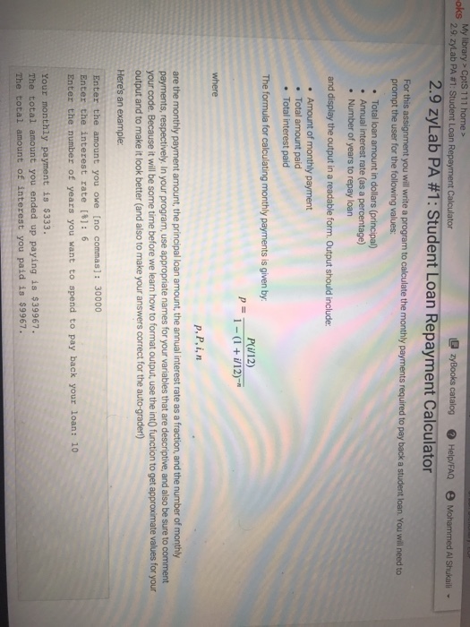 My Library CptS 111 Home 2 9 ZyLab PA 1 Student Loan R Oks ZyBooks 