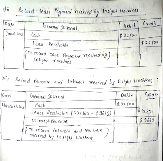 w Record lease Payment received by Insight Halhines Date Geneval Journal Credit Debit Ĵanol, 2018 1$22500 $22500 Cash Lease R