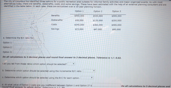 The city of Columbus hes identified three options for a public recreation area suitable for informal family activities and ma