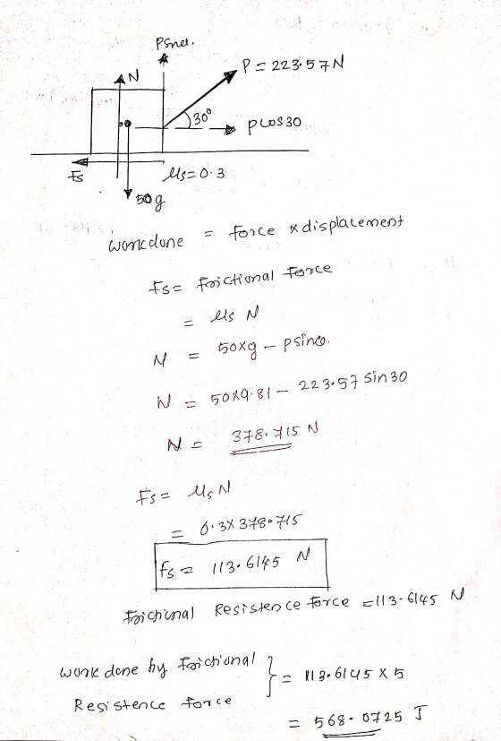 P.sneli P = 223.57N 30° plos 30 Es els=0.3 50 g force x displacement woni done fs= frictional force els N = soxg psince. N 50