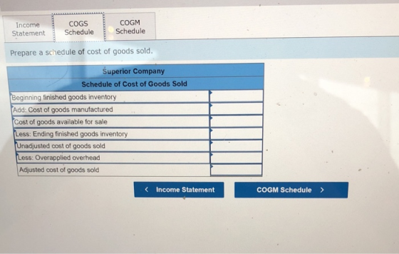 COGM Schedule COGS Income StatementSchedule Prepare a schedule of cost of goods sold. Superior Company Schedule of Cost of Goods Sold Beginning finished goods inventory Add: Cost of goods manufactured Cost of goods available for sale Less: Ending finished goods inventory Unadjusted cost of goods sold Less: Overapplied overhead Adjusted cost of goods sold Income Statement COGM Schedule>