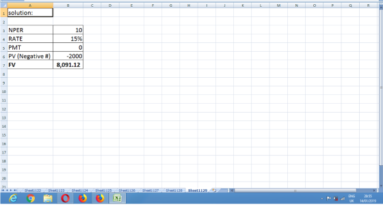 0 1 solution: з NPER 4 RATE 5 PMT 6 PV (Negative # 10 15% 2000 8,091.12 12 13 15 16 17 18 4 ト 뉘 Sheet1 122 Sheet1 123 . Sheet