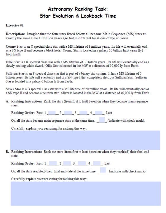 Astronomy Ranking Task: Star Evolution & Lookback Time Exercise #1 Description: Imagine that the four stars listed below all