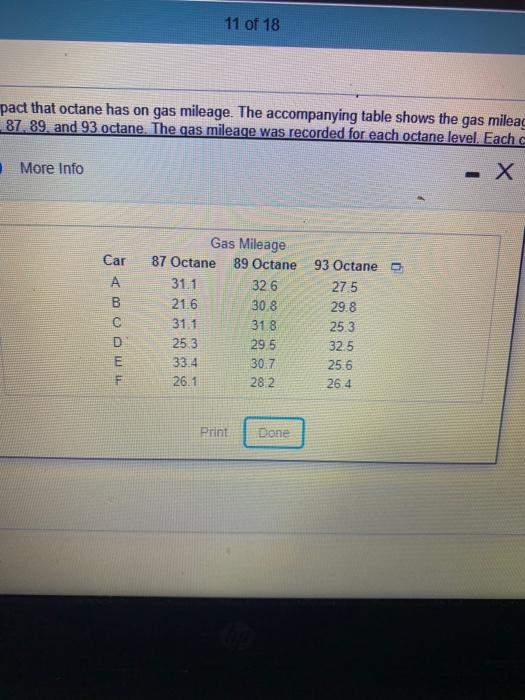 11 of 18 pact that octane has on gas mileage. The accompanying table shows the gas mileag 87, 89, and 93 octane. The gas mile