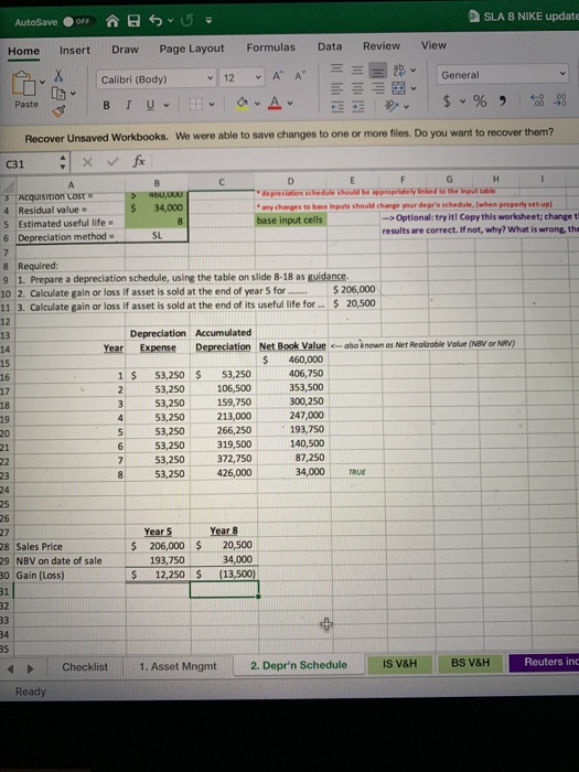 AutoSaver S5 = SLA 8 NIKE upda Home Insert Draw Page Layout Formulas Data Review View Calibri (Body) 12 A A E = 29 General $