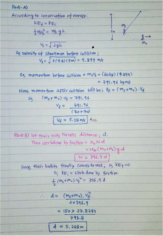Pavt-A) Atcusdins to censeyvetion of eneray kef -PE; 5m mv S9 velơùty of Stuntman before Collision İ V(9.8) (5m).899 ms 9, momentum before GNiion = msys(80kg) (9399) Now, momentum apTey coll ision be Cms+mv Pavt B) let theiy body tavells distance d one, their bedies ftinally Comes to rest, kEt ety s, kE(= Work done by fnction. m 316.1 4 2x396.9 13.B d = 5.268