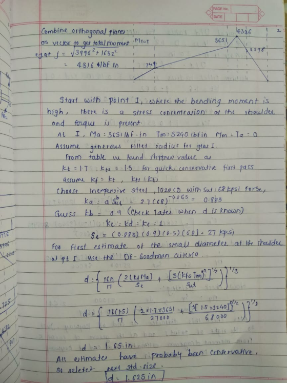 PAGE No. | DATE Combine orthogonal planes 4316 1 2 365.1 - as vector to get total moment. Trot egat j = √3998², 183 2² 4376 0