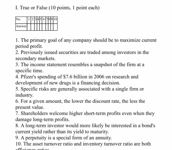 I. True or False (10 points, 1 point each) No Answer 1. The primary goal of any company should be to maximize current period profit. 2. Previously issued securities are traded among investors in the secondary markets 3. The income statement resembles a snapshot of the firm at a specific time. 4. Pfizers spending of $7.6 billion in 2006 on research and development of new drugs is a financing decision. 5. Specific risks are generally associated with a single firm or industry 6. For a given amount, the lower the discount rate, the less the present value. 7. Shareholders welcome higher short-term profits even when they damage long-term profits. 8. A long-term investor would more likely be interested in a bonds current yield rather than its yield to maturity 9. A perpetuity is a special form of an annuity. 10. The asset turnover ratio and inventory turnover ratio are both