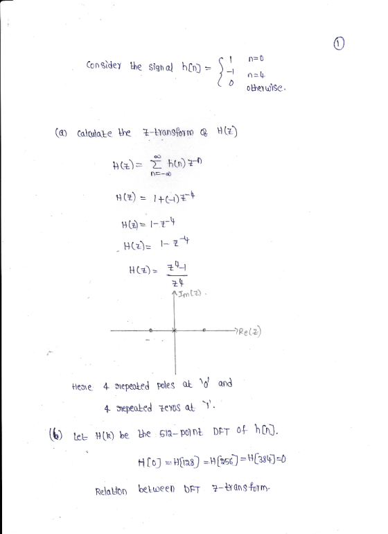 Considey the signal h(n) - - (0 4 otherwise (@) Calculate the Z-transform Of H(Z) H[+)= tien) 7- DS-20 H(X) = 1 +(-)7-4 H(z)