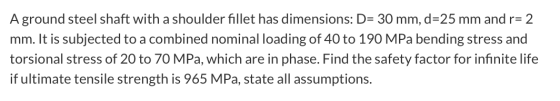 A ground steel shaft with a shoulder fillet has dimensions: D= 30 mm, d=25 mm and r= 2 mm. It is subjected to a combined nomi