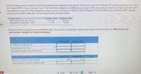 Colt Company owns a machine that can produce two specialized products Production time for Product TLX is three units per hour