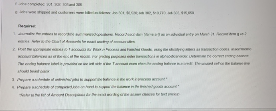 1. Jobs completed: 301, 302, 303 and 305. 9. Jobs were shipped and customers were billed as follows: Job 301, $8.520, Job 302