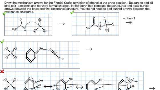 Draw the mechanism arrows for the Friedel-Crafts acylation of phenol at the ortho position. Be sure to add all one pair electrons and nonzero formal charges. In the fourth box complete the structures and draw curved arrows between the base and first resonance structure. You do not need to add curved arrows between the sonance structures phenol OH OH