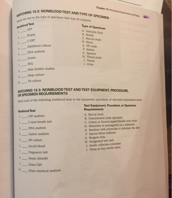 Chapter 13: Nonblood Specimens and Tests 2: NONBLOOD TEST AND TYPE OF SPECIMEN to the type of specimen that may be required 2