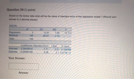 Question 34 (1 point) Based on the below data what will be the value of standard error of the regression model ? (Round your