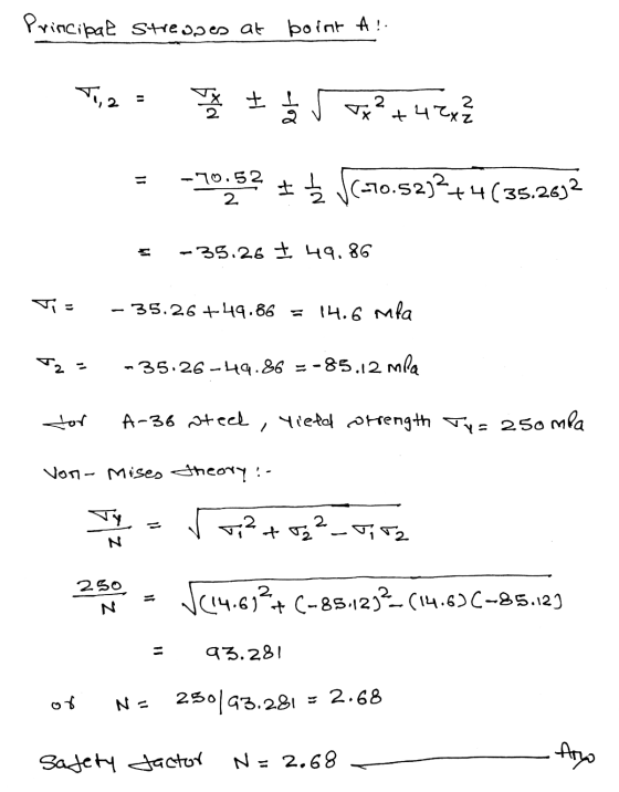 Principal stresses at boint A! 2 र + । 2 2 Vx +4x = -70.52 + 10.5252+4 (36,2632 -35.28 + 49.86 -35.26 +4.86 14.6 Mla V2 • 35.