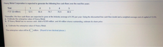 Heavy Metal Corporation is expected to generate the following free cash flows over the next five years Year 1 2. 3 4 5 FCF (S