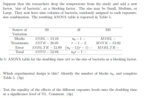 Suppose that the researchers drop the temperature from the study and add a new factor, size of bacteria, as a blocking facto