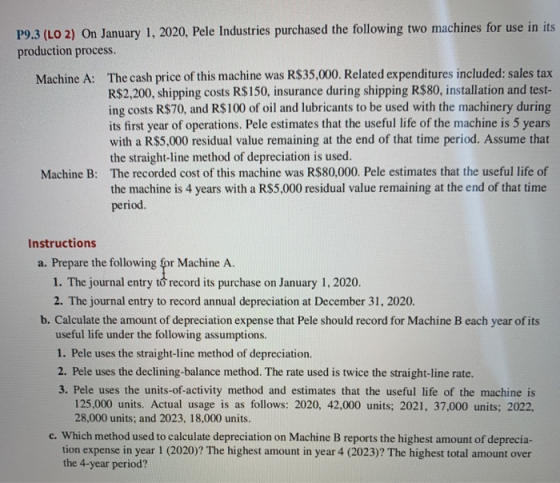 P9.3 (LO 2) On January 1, 2020, Pele Industries purchased the following two machines for use in its production process. Machi