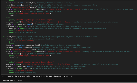 break choose random.choice(vowel_list) #randomly chooses a variable in vowel_list vowel_list.remove(choose) #we remove that v