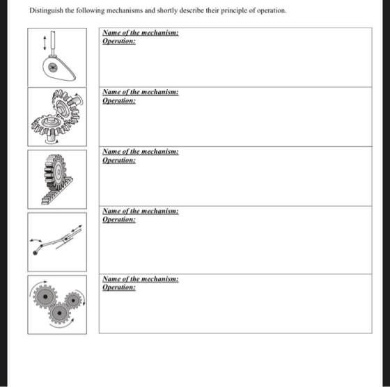 Distinguish the following mechanisms and shortly describe their principle of operation Name of the mechanism: Operation: Name