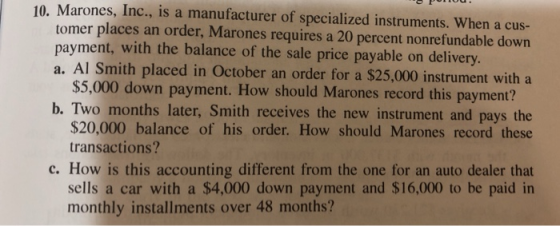 10. Marones, Inc., is a manufacturer of specialized instruments. When a cus- tomer places an order, Marones requires a 20 per
