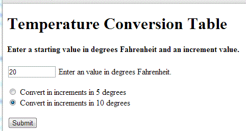 Temperature Conversion Table Enter a starting value in degrees Fahrenheit and an increment value. 20 Enter an value in degrees Fahrenheit. Convert in increments in 5 degrees Convert in increments in 10 degrees