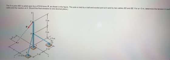 The 6-m pole ABC is acted upon by cable and the reaction at A. (Round the final answers to one decimall place.) oo ie pole s
